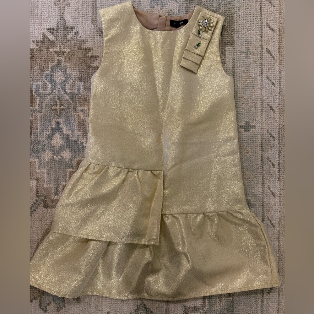 Imoga Shimmering Gold Dress with Floral Embellishment